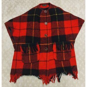 Vintage Merrywear Cape Women's Red Plaid Wool Fringe Poncho Hand Made Ireland